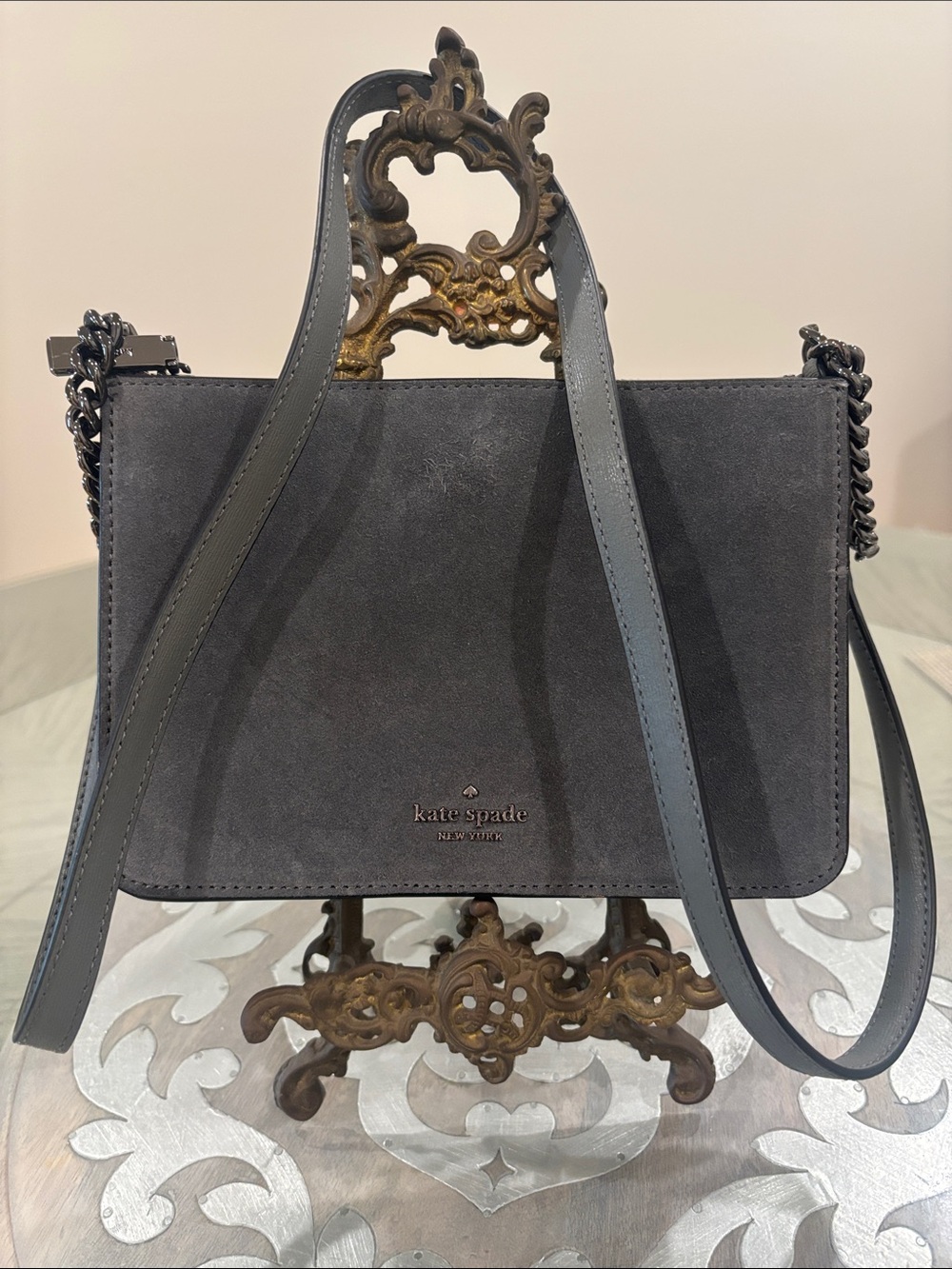 Kate Spade dark Gray Suede Chain-Strap Crossbody Bag